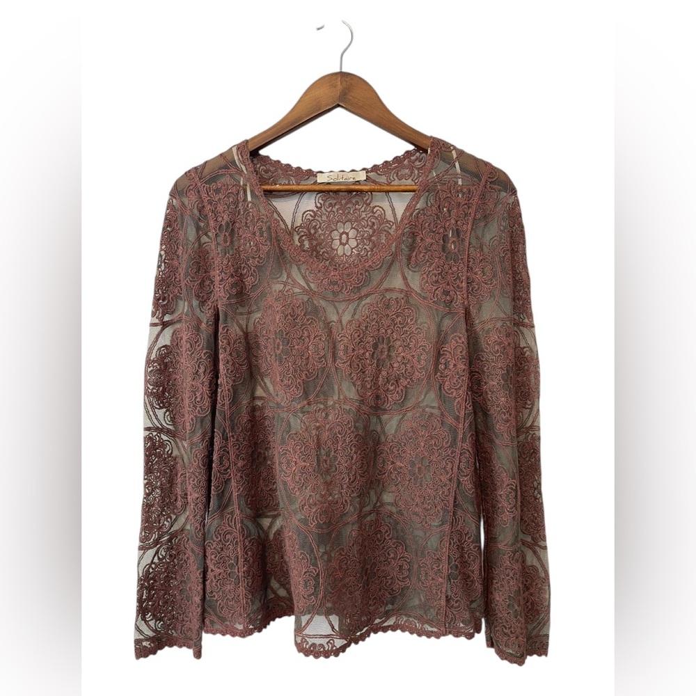 Women’s‎ Solitaire Sheer Mesh Lace Top cottagecore Dusty Pink Long Sleeve Size L